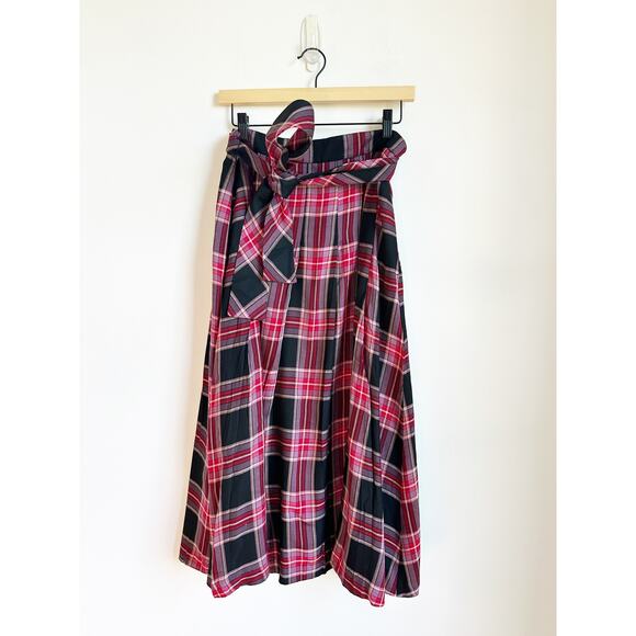 NWOT Ann Taylor pleated tie waist midi skirt pink red black 6 Petite - Picture 2 of 4